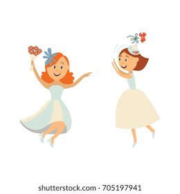 vector flat cartoon bride wearing white dress, veil throwing her bouquet in air, another one dances smiling. Illustration isolated on a white background. Wedding, marriage concept character design