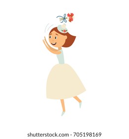 vector flat cartoon bride wearing white dress, veil throwing her bouquet in air smiling. Illustration isolated on a white background. Wedding, marriage concept character design