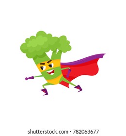 vector flat cartoon broccoli character in red cape, mask standing in fight position. Isolated illustration on a white background. Funny fruit, vegetable super hero protecting people health