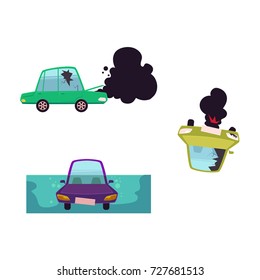 vector flat cartoon broken car with cracked glass, open hood and black smoke coming from it, overturned vehicle, drowned auto set. Isolated illustration on a white background. Road safety concept