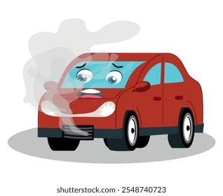 vector flat cartoon broken red car character with eyes, emotions and face with black smoke coming from hood. Isolated illustration on a white background. Road safety concept.