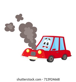 Vector Flat Cartoon Broken Red Car Character With Eyes, Emotions And Face With Black Smoke Coming From Hood. Isolated Illustration On A White Background. Road Safety Concept