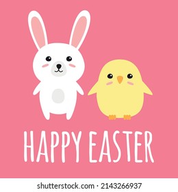 Vector flat cartoon bunny and chick with happy Easter text isolated on pink background