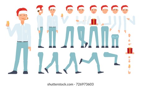 vector flat cartoon business man celebrating christmas, new year holidays creation set. Full lenght different views, emotions poses. Present gift box hat. Isolated illustration on a white background