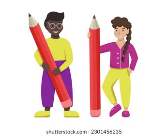 Caricatura vectorial plana animada a los estudiantes parados con grandes lápices. De vuelta a la escuela. Educación, aprendizaje, escritura, concepto de planificación. Planificación diaria efectiva y gestión del tiempo.