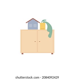 Vector flat cartoon cabinet with toy house and home plant isolated on empty background-modern furniture,living room interior elements,comfort home life concept,web site banner ad design
