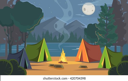 Vector flat cartoon camping illustration