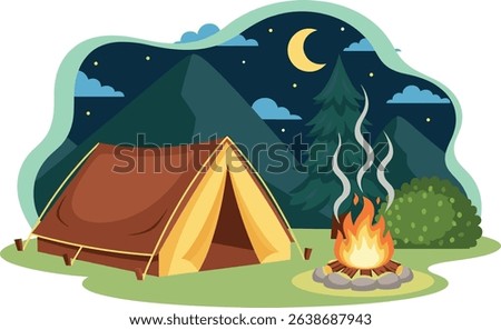 Vector flat cartoon camping illustration. Family Adventure. Night landscape with tent, campfire, rocky mountains, forest. Background for summer camp, nature tourism, camping or hiking design concept
