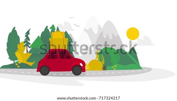 vector flat cartoon\
camping scene, travelling road trip. funny red car with big bags\
fixed at its roof within trees, mountains. Isolated illustration on\
a white background.