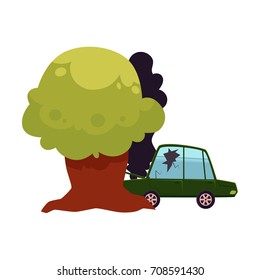 vector flat cartoon car accident with cracked window glass, black smoke coming from hood. Green colored vehicle crashed into the tree. Isolated illustration on a white background. Road safety concept