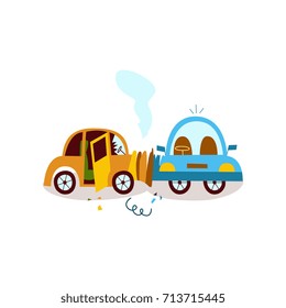 vector flat cartoon car accident. yellow vehicle crashed into blue one from side and got smoke from hood and cracked side window glass. Isolated illustration on a white background.