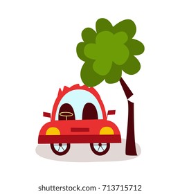 vector flat cartoon car accident. Red colored vehicle stands near falling to it tree. Isolated illustration on a white background. Road safety concept