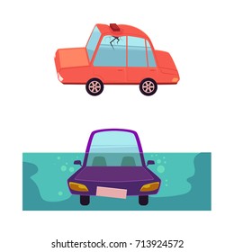 vector flat cartoon car accident set. stylized drowing car. Automobile with brick fallen to its roof, dented it and made crack in side window. Isolated illustration on a white background.