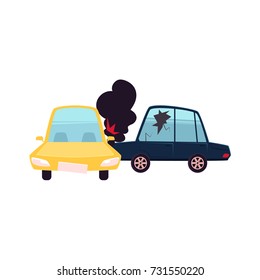 vector flat cartoon car accident. Blue vehicle crashed into yellow one and got fire and black smoke from hood and cracked side window glass. Isolated illustration on a white background.