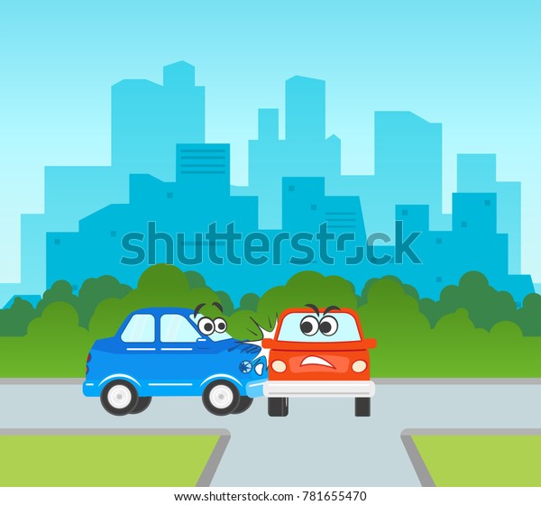 vector flat cartoon car accident. Blue
vehicle crashed into red one and cracked hood, side window glass.
Illustration on cityscape urban
background.