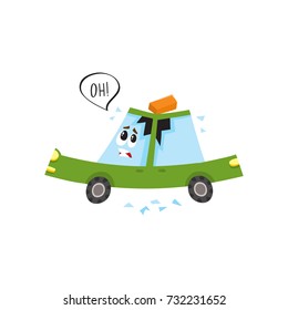 vector flat cartoon car character saying ooh with brick fallen to its roof, dented it and made crack in side window. Isolated illustration on a white background. Car accident, crash concept