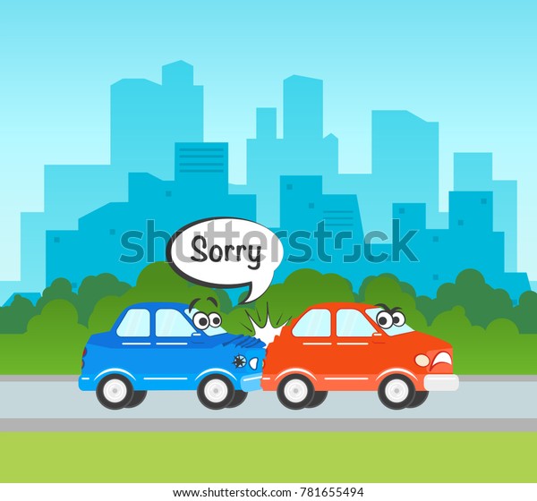 vector flat cartoon car character with eyes\
crash, accident. Blue vehicle crashed into rear bamper of red one\
saying sorry, both have dents, scratches. Illustration on cityscape\
urban background