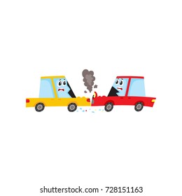 vector flat cartoon car characters with face, emotions crash in head-on collision, accident. Both have dents, broken glasses, scratches and smoke from hood. Isolated illustration on a white background