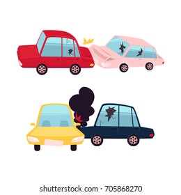vector flat cartoon car crash, accident set. Head-on collision and front one. both vehicle have dents, broken glasses, scratches, fire and smoke from hood. Isolated illustration on a white background.