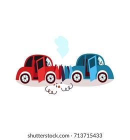vector flat cartoon car crash in head-on collision, accident. Both have dents, broken glasses, scratches and smoke from hood. Isolated illustration on a white background