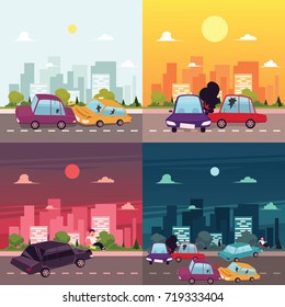 vector flat cartoon car crash, accident scenes. Vehicles front, side , tree collisions. Illustration on the background of big city with buildings at different day time.