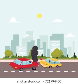 vector flat cartoon car crash, accident scene. One vehicle lost its wheel, and both have dents, broken glasses, scratches. Illustration on the background of big city with buildings at sunny day.