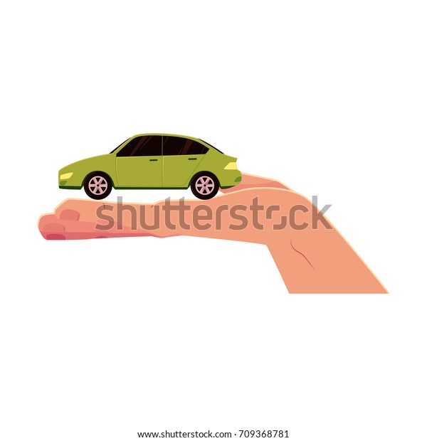 vector\
flat cartoon car model in opened palm of hand. Isolated\
illustration on a white background. Electric vehicle symbol, green\
transportation with no pollution, automobile\
rent.