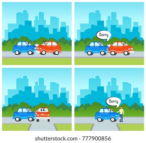vector flat cartoon car and pedestrian accidents set. Blue and red vehicles have side, front and back collisions, hit man saying sorry having dents, cracks. Illustration on cityscape urban background.