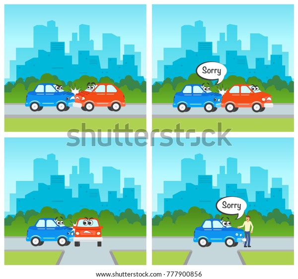 vector flat cartoon car and pedestrian\
accidents set. Blue and red vehicles have side, front and back\
collisions, hit man saying sorry having dents, cracks. Illustration\
on cityscape urban\
background.