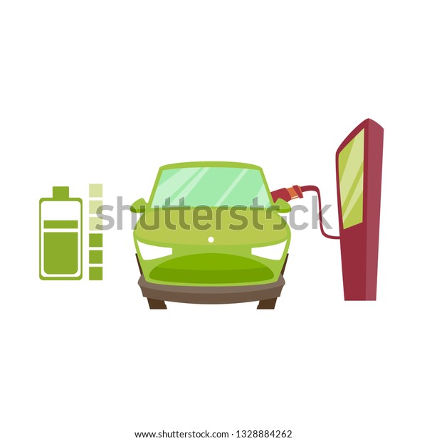 Vector flat cartoon car\
recharging illustration, ecology car, service station for electric\
car