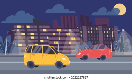 Vector flat cartoon cars drive along night road,highway traffic on cityscape background-web online banner design,city life scene,social story concept