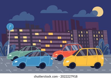 Vector flat cartoon cars are in parking lot,city car park on a night cityscape background-web online banner design,city life scene,social story concept