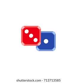 vector flat cartoon casino dotted red, blue color dice cubes. Isolated illustration on a white background. Symbol of gambling game, risk , chances. Profit and money