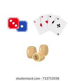 vector flat cartoon casino, gambling symbols set. Lotto, bingo barrels or kegs, dice cubes poker coins four aces all suits, chips. Isolated illustration on a white background.