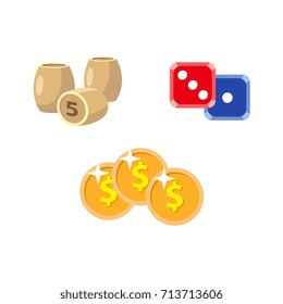 vector flat cartoon casino, gambling symbols set. Lotto, bingo barrels or kegs, dice cubes poker coins, chips. Isolated illustration on a white background.