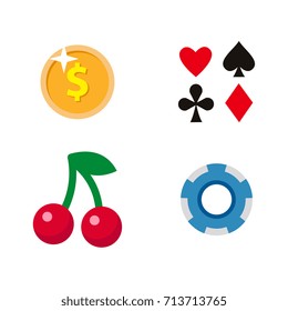 vector flat cartoon casino, gambling symbols set. Fruit cherry berry slot mashine jackpot, poker cards all suits, poker coins, chips. Isolated illustration on a white background.