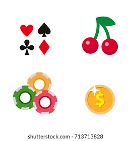 vector flat cartoon casino, gambling symbols set. Fruit cherry berry slot mashine jackpot, poker cards all suits, poker coins, chips. Isolated illustration on a white background.
