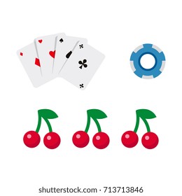 vector flat cartoon casino, gambling symbols set. Fruit cherry berry slot mashine jackpot, poker cards all suits, poker coins, chips. Isolated illustration on a white background.