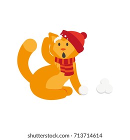 vector flat cartoon cat character making ice balls smiling wearing scarf, hat. Winter animal outdoor games, activities concept. Isolated illustrationo on a white background