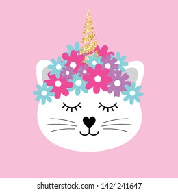 Vector flat cartoon caticorn cat face with golden glitter unicorn horn and flowers isolated on pink background 