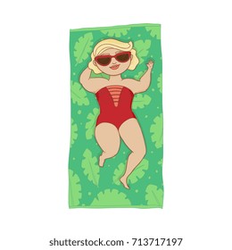 vector flat cartoon caucasian plump woman in red swimsuit lying on green decorated beach mat in sunglasses. Female cute character sunbathing at summer. Isolated illustration on a white background.