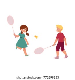 vector flat cartoon caucasian teen children at summer camp concept. Girl and boy playing badminton, shuttlecock holding rackets. Isolated illustration on a white background.