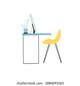Vector flat cartoon chair and work desk with monitor,home plant isolated on empty background-electronic equipment,office interior elements,workplace organization concept,web site banner ad design