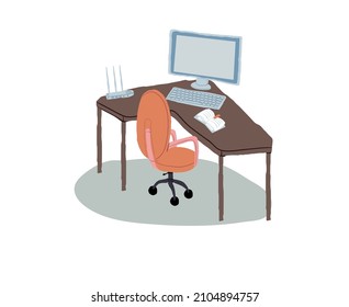 Vector flat cartoon chair and work desk with computer monitor,keyboard,router and book-electronic equipment,office interior elements,workplace organization concept,web site banner ad design