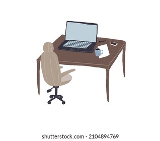 Vector flat cartoon chair and work desk with laptop and stuff on empty background-electronic equipment,office interior elements,workplace organization concept,web site banner ad design