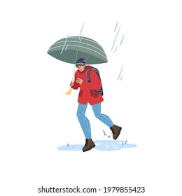 Vector flat cartoon character in autumn season run outdoor under the rain holding umbrella - fashion,emotions,healthy lifestyle social concept