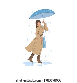 Vektorflache Cartoonfigur in der Herbstsaison unter Regenschirm laufen - Mode, Emotionen, gesundes Lebensstil-Sozialkonzept