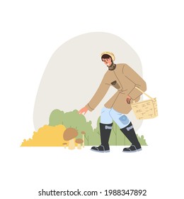 Vector flat cartoon character in autumn season outdoor picks mushrooms - fashion,emotions,healthy lifestyle social concept