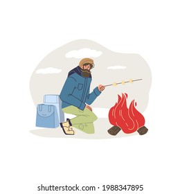 Caricatura vectorial plana en otoño quemando fuego en la caminata - moda, emociones, concepto social de estilo de vida saludable