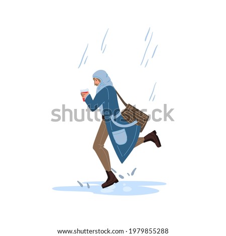 Vector flat cartoon character in autumn season run outdoor under the rain with coffee in hands - fashion,emotions,healthy lifestyle social concept